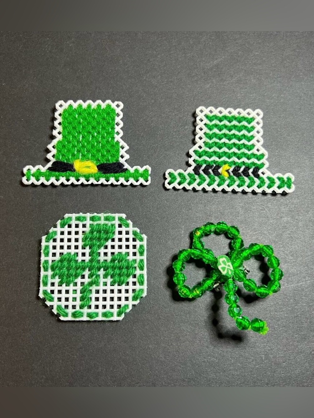 Vintage Lot of 4 St Patrick's Day Green Needlepoint Hat & Beaded Clover Brooches